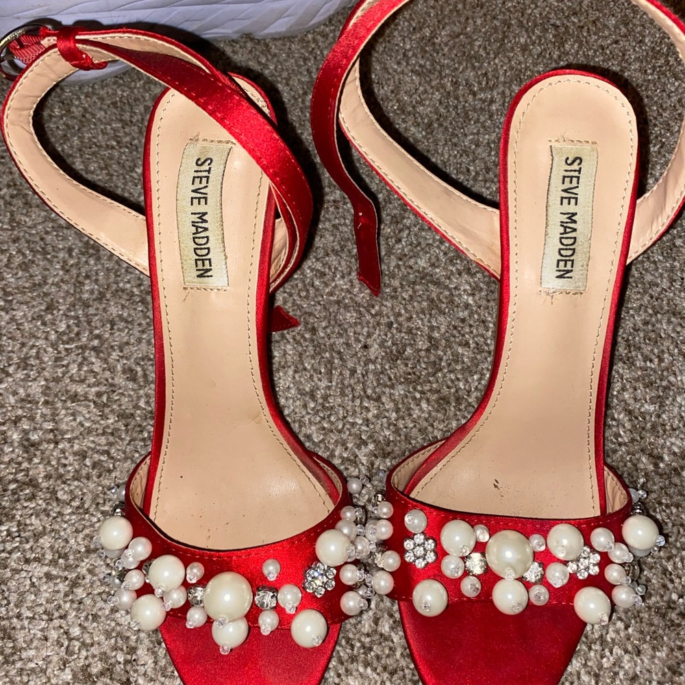 Steve Madden Red Stiletto Heels with Pearl Embellishments